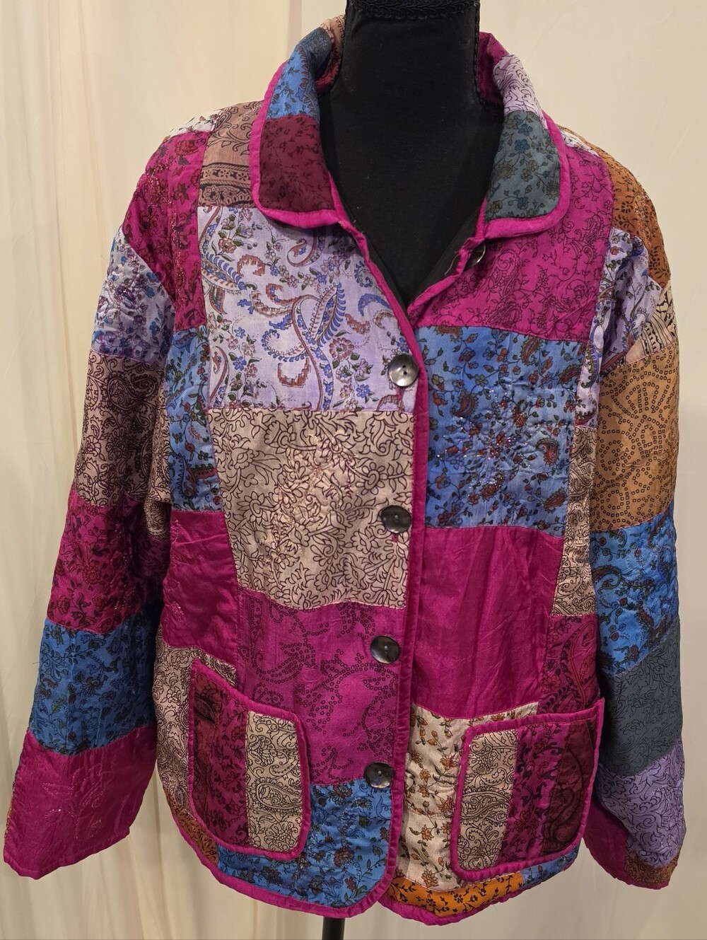 Vintage Tantrums Collection Silk Patchwork Jacket Sz L Boho Paisley Multi-Color
